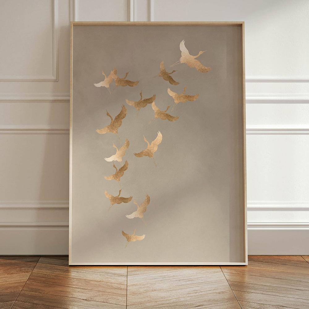 Salbeigrün Gold Japandi Kunstdruck Fliegende Vögel Wandkunst Abstrakte Sonnenkunst Wohnzimmerdeko Japanische Wandkunst Schlafzimmerdeko Geschenk