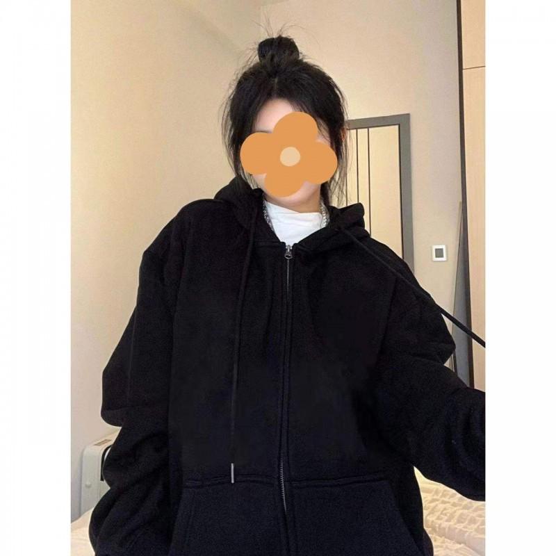 Oversized French Chic Hooded Sweatshirt Jacket Women Soft Fleece Lined Casual Streetwear Loose Fit