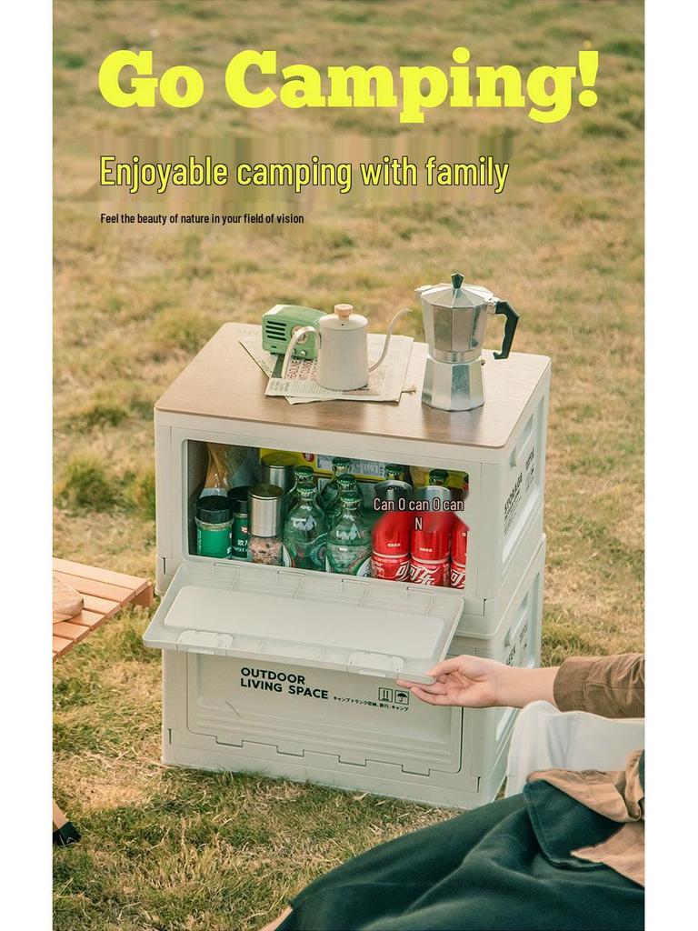 Folding Camping Storage Box with Wooden Lid - Outdoor Picnic & Car Trunk Organizer