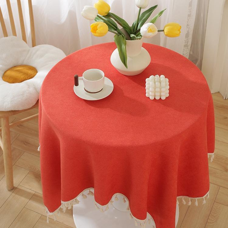 Solid Color Linen Tablecloth With Fringe Round Rectangle Dining Desk Table Cover
