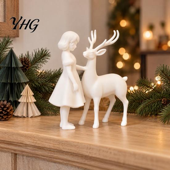 Study Room Desktop Decorations Girl And Deer Figurine, 3D Printed White Artistic Statue, Tabletop Fairy Tale Style Home Decor Ornament Sculpture