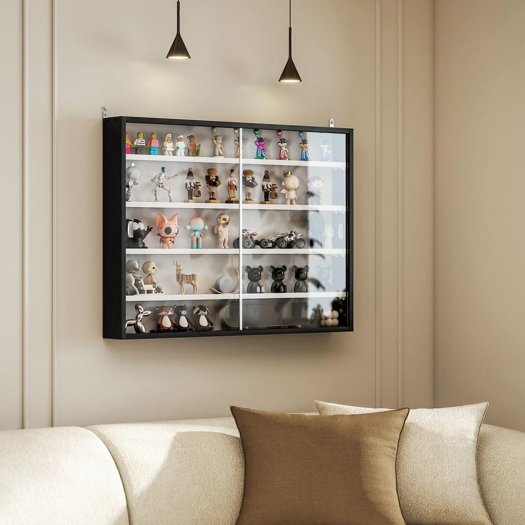 5-Tier Wall Display Cabinet, Wall Mounted Display Case w/ 4 Adjustable Shelves, Glass Doors, 60x80cm, Black and White