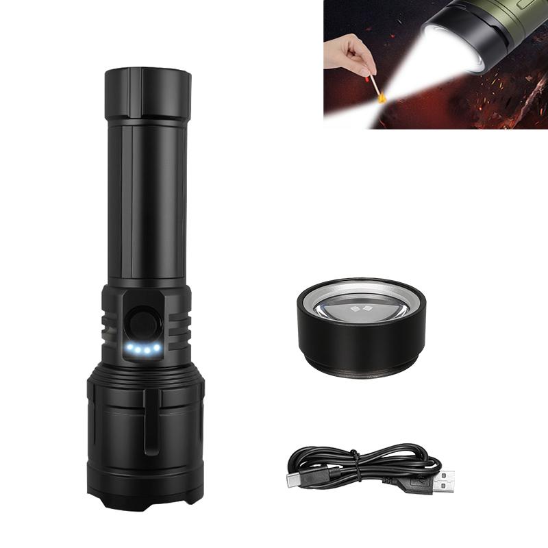 Powerful LED Flashlight USB C Rechargeable with Fresnel Lens Flashlight Super Bright Aluminum Zoom Torch Emergency Power Bank