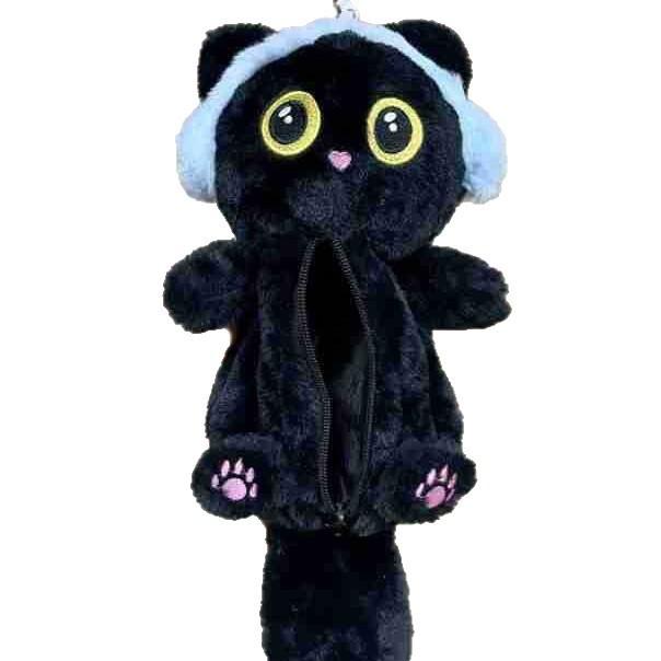 Fluffy Black Cat Pen Case With Large Capacity Student Stationery Organizer For Cute Desk Decor