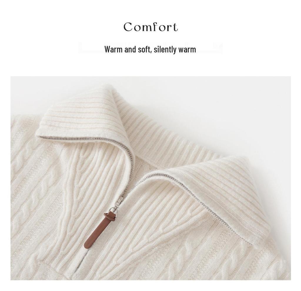 Little He Women's Half-Open Lapel Cashmere Sweater, Cable Knit, Seven-Gauge Thickened Wool, Simple Winter Wear