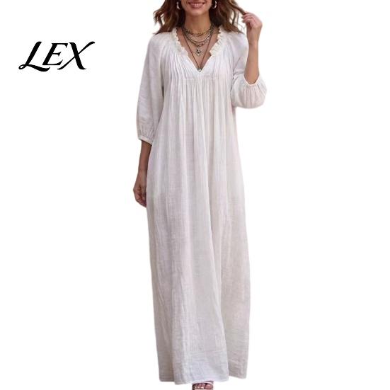 3/4 Sleeves Maxi Dress Bohemian Ruffle V-Neck Long Dress, for Comfortable Women Dresses Women, Solid Color Casual Loose Spring Fall Flowy