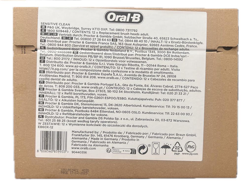 Braun Oral-B Sensitive Clean PRO Replacement Brushes, Soft Ultra-Fine Bristles, 12-Pack (EB60X-12) [Parallel Import]