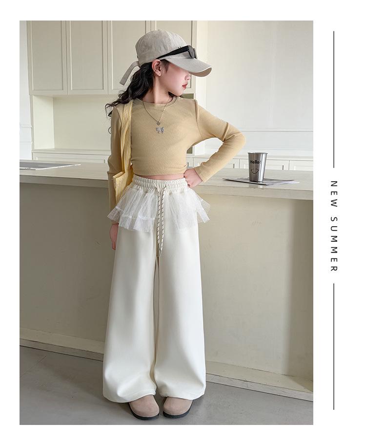 Girls' Spring 2025 Casual Sweatpants: New Style Mesh-Spliced Wide Leg Sports Pants for Kids