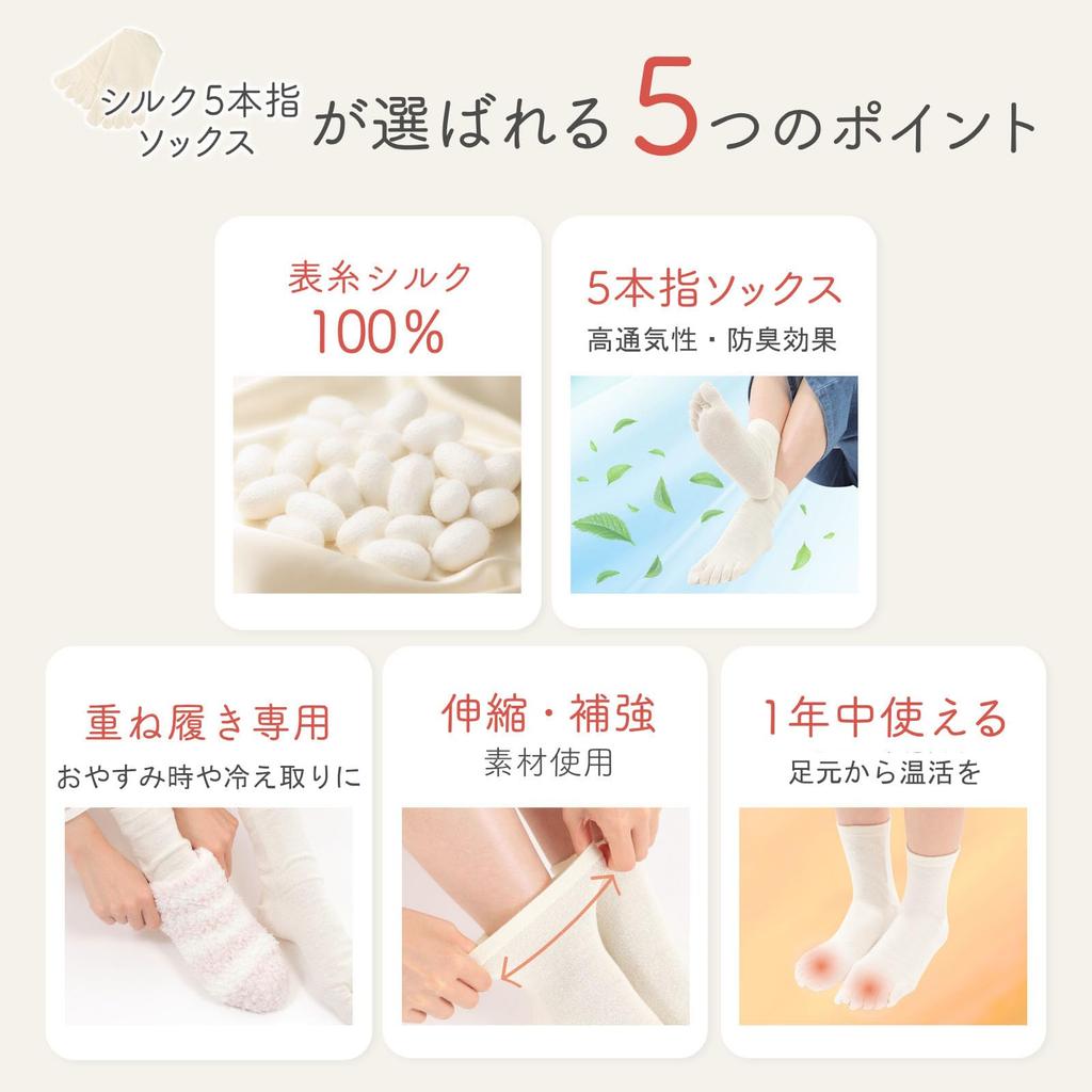 RIMELY Silk Made in Sizes Set of 2 Pairs Women's Five-Toe Socks, Japan, Layered, Anti-Cold, Silk, 23.0-25.0cm,
