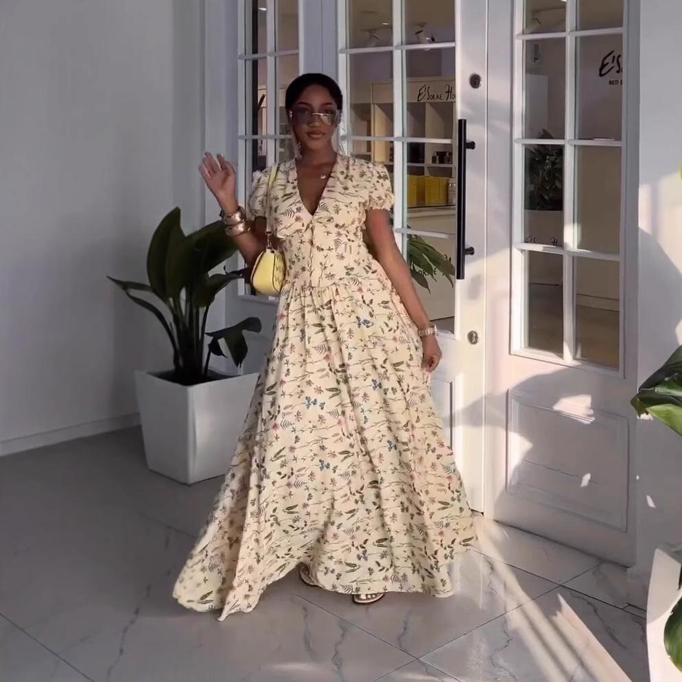 Rochie de vară nouă, cu imprimeu, decolteu în V, cu șireturi, mânecă scurtă, stil socialită, cu pendul, pentru femei europene și americane