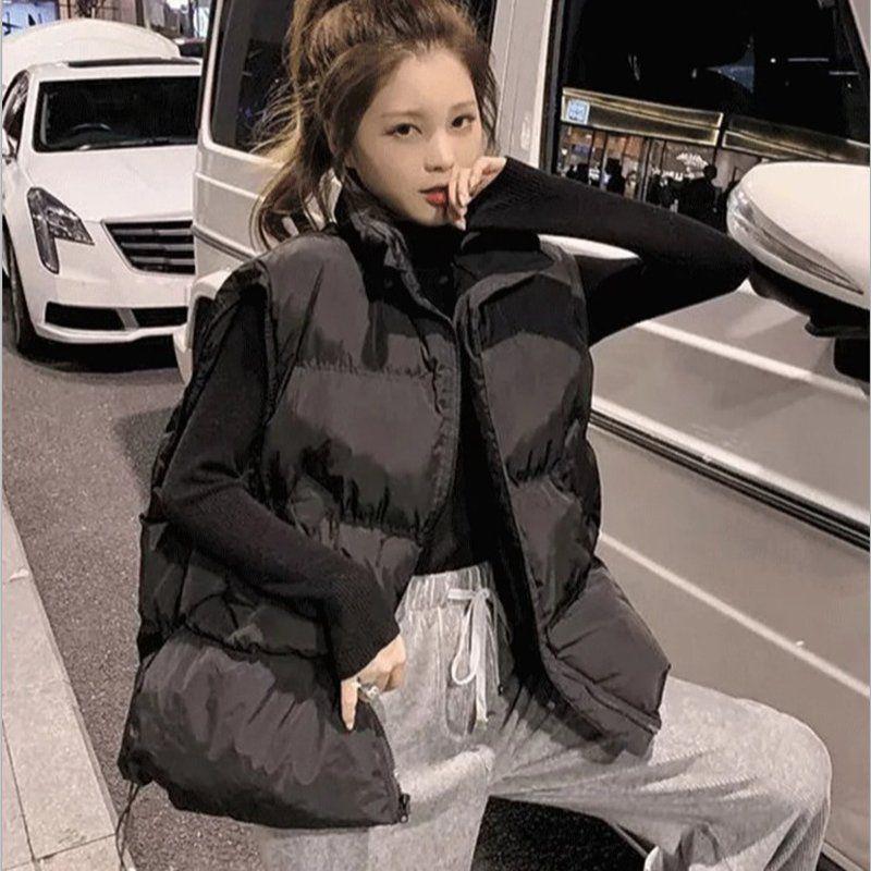 

Женский хлопковый жилет без рукавов свободного кроя - Однотонный, воротник-стойка S чёрный