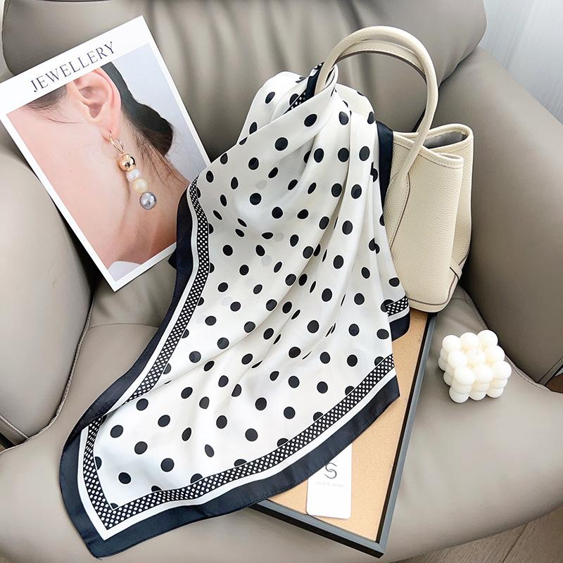 Hepburn style black and white polka dot simulation silk scarf women s neck scarf spring new classic versatile small square scarf scarf 65*65