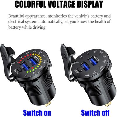 QC3.0 36W 6A duální USB nabíječka Zásuvkový voltmetrový spínač Vodotěsná USB zásuvka Rychlá nabíječka pro 12V auto člun Motocyklový vozík