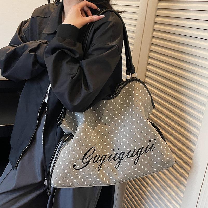 Borsa Tote in Camoscio a Pois Design con Lettere Stampa Leopardo Coreana, Borsa a Spalla Grande Capacità con Coulisse da Donna Fashi Borsa a Mano Casual