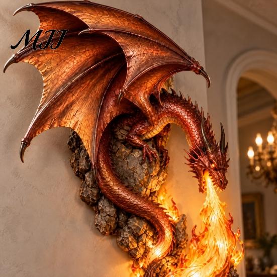 Led Night Light Dragonfire Guardian Wall Sconce, Gothic Fantasy Dragon Head Lamp, Vintage Resin Sculpture with Flame for Medieval Home Bar Decor
