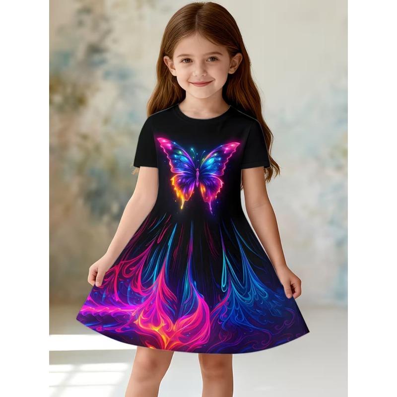 Dress for Girls Sequin Butterfly 3D Printed Short Sleeve Dress Summer Loose Girls' Casual Dress Round Neck Hot Sale Girl Clothes