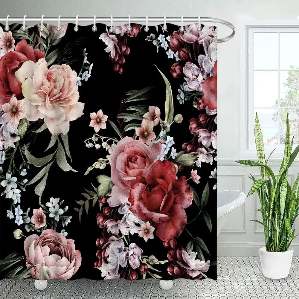 Floral Shower Curtains for Bathroom Pink Plant Flowers Watercolor Butterfly Wildflower Botanical Bathroom Curtain Set,Waterproof