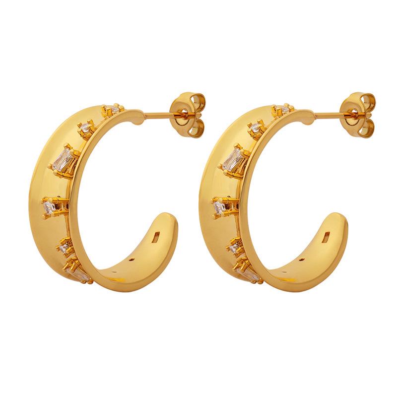 European & American Stylish Non-fading Zirconia Inlaid C-shaped Copper Earrings