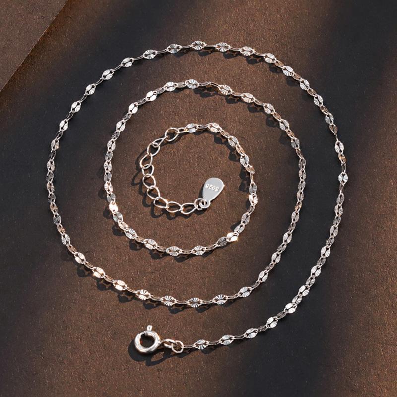 Colier din Argint Sterling S925 Stil Coreean: Lanț Rotund cu Verigi Sculptate cu Textură de Mătase, Design Gingham, Accente Cer Înstelat, Lanț Simplu pentru Osul Gulerului