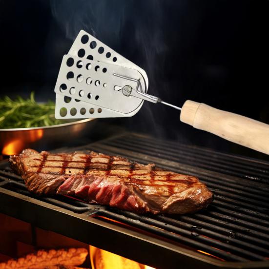 Hot Meat Patty Spatula Heat Resistant Meat Turner Stainless Steel Triple-Blade Spatula Versatile Barbecue Scraper