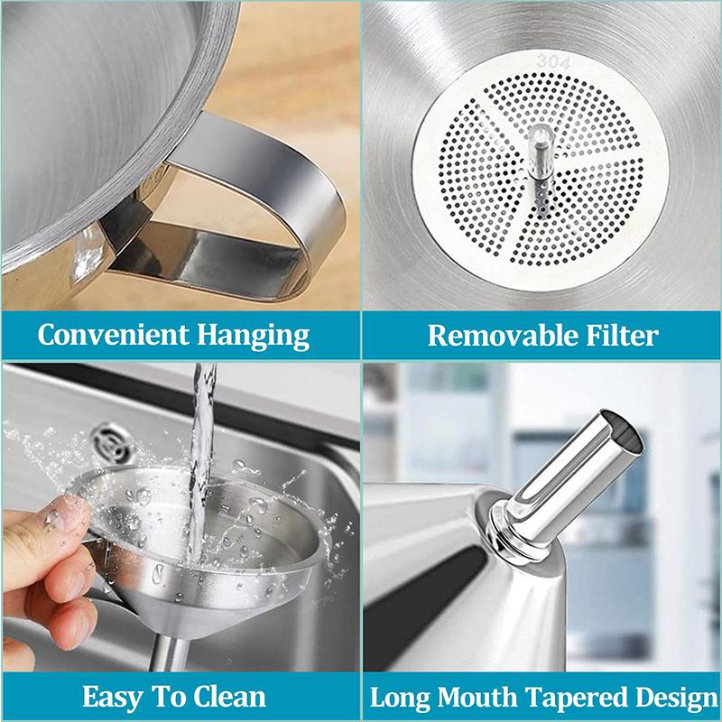 Stainless Steel Funnel Set with Handle Detachable Strainer and 200 Mesh Filter Kitchen Funnels Kit for Liquid Oils Powder Juice
