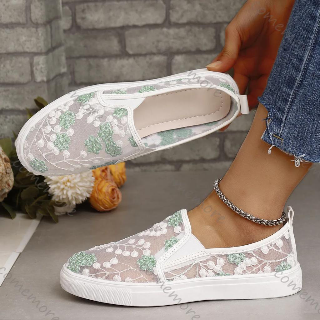 Comemore Summer New Mesh Embroidered Flat Shoes for Women Soft Sole Breathable Casual Loafers Woman Zapatos De Mujer