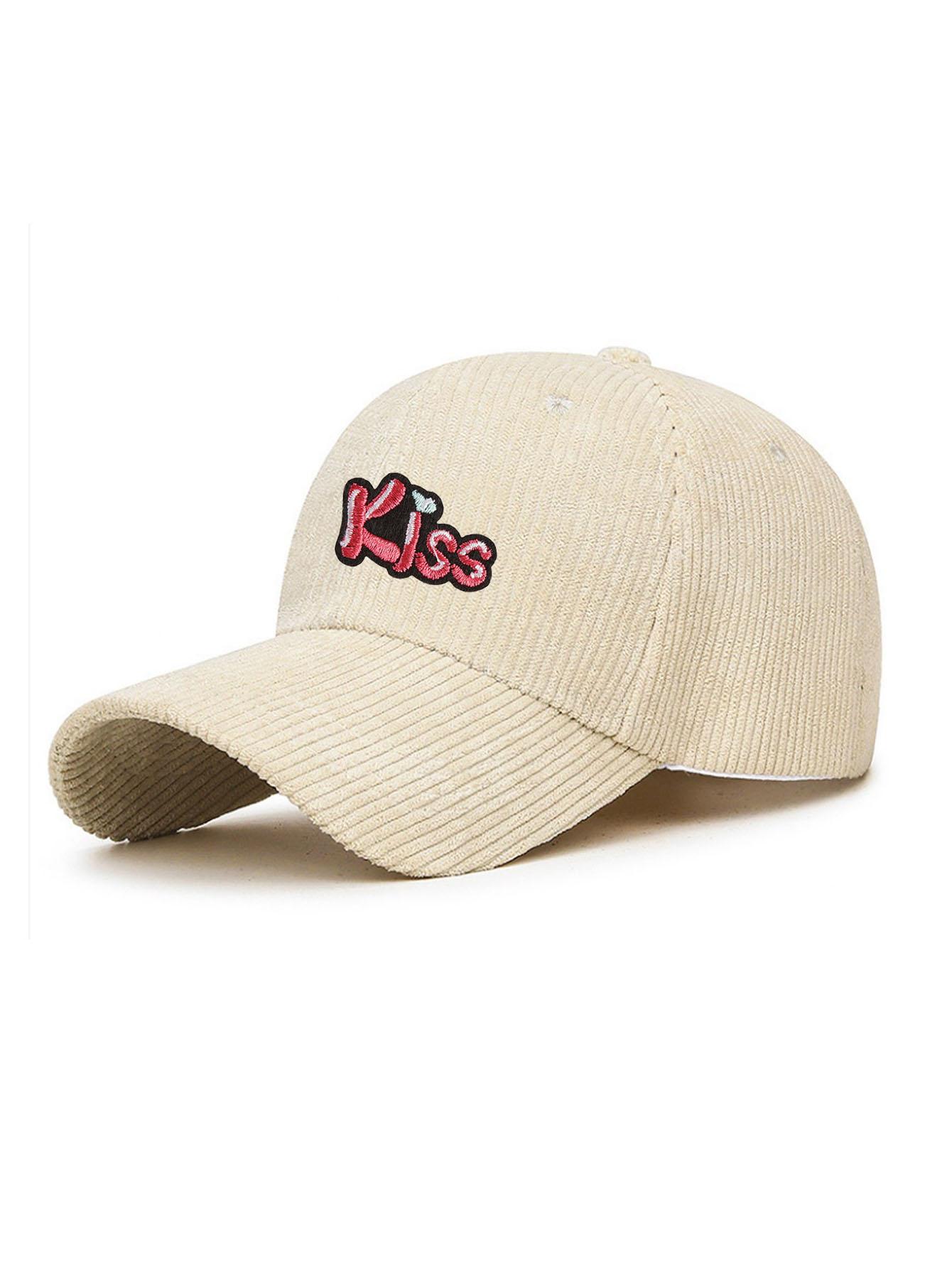 

1 PC Letter Kiss Corduroy Baseball Cap - Unisex Plain Solid Color Fall Winter Hat with Sun UV Protection, Adjustable Casual One Size белый