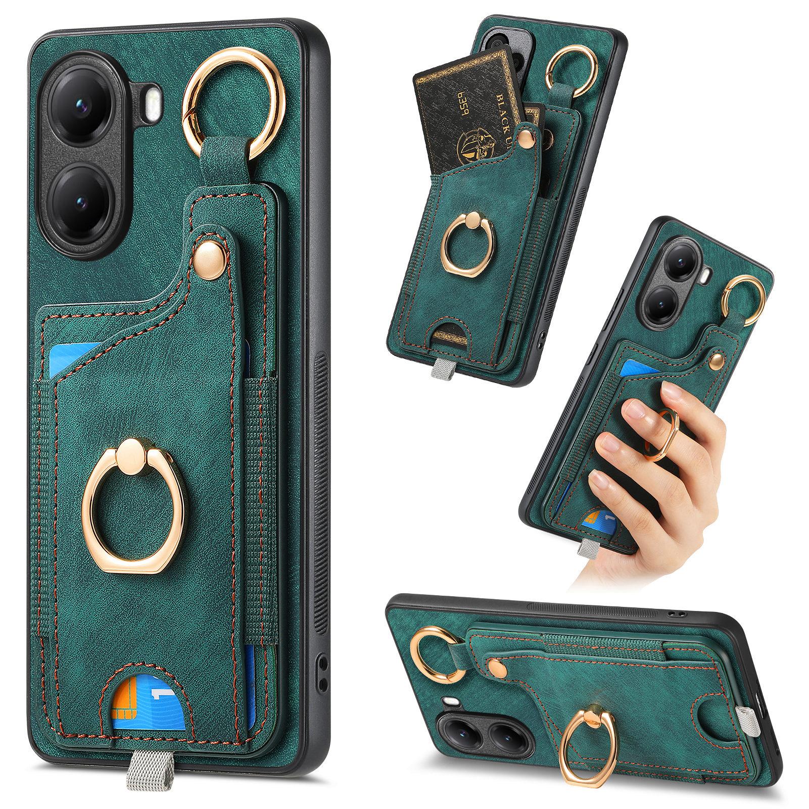 

For Xiaomi Poco X7 Pro 5G/Xiaomi Redmi Turbo 4 5G Retro Leather Phone Back Cover with Card Slots and Ring Holder Green