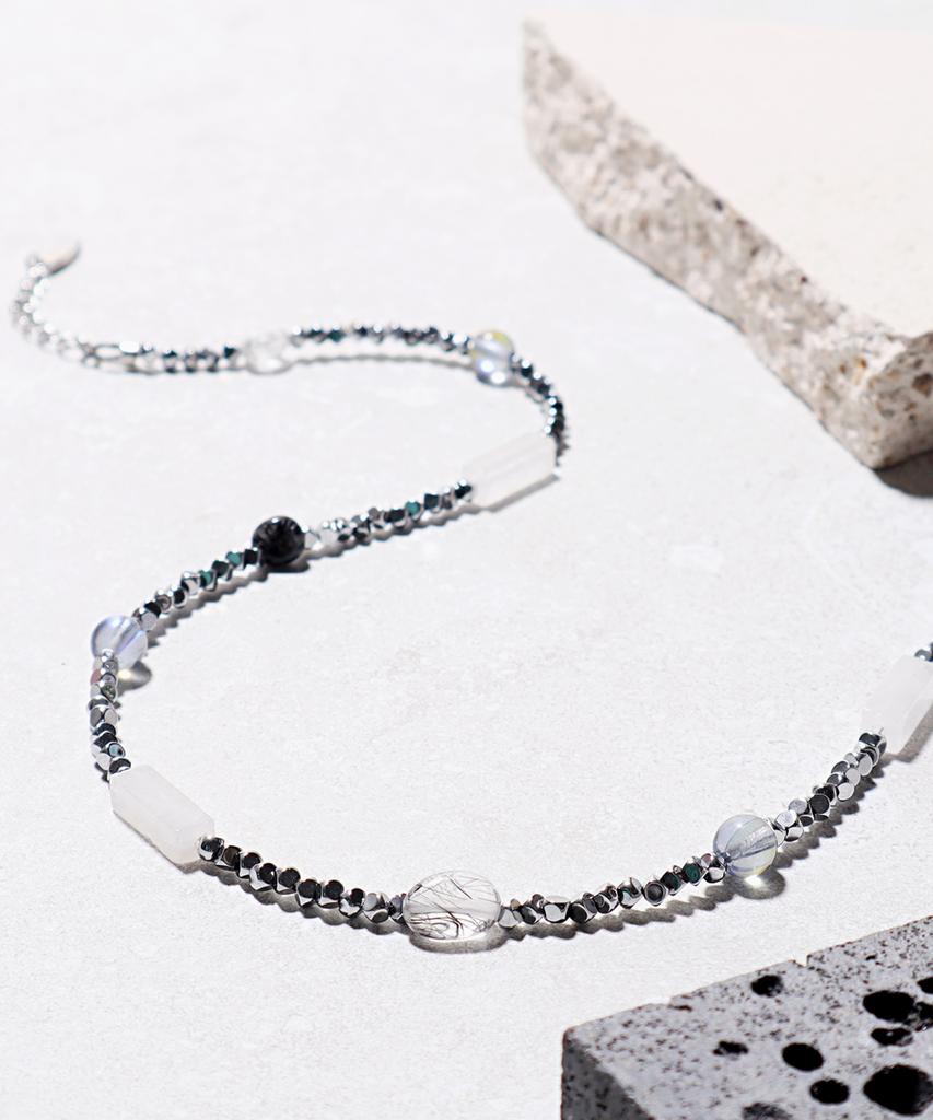 Polalita Lunar Blue Glow & White Stone Mix Necklace (Plt-Nl-078_Sv)