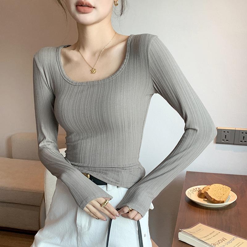 Kadın Günlük Uzun Kollu Tişörtler İlkbahar Sonbahar Düz Slim Fit Kazaklar Tişörtler Gömlekler Kadın Temel Tişörtler Üstler