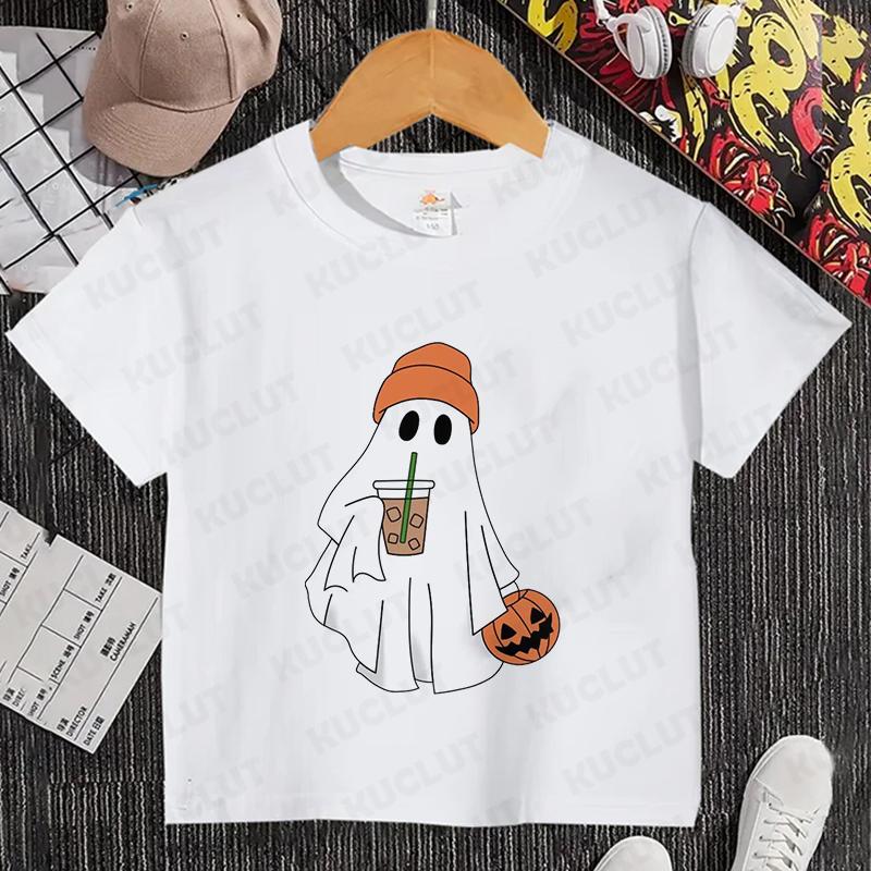 Little Boo Drinking Coffee Halloween Spooky Season Shirt Children T-Shirts Harajuku Graphic Tops Kids Summer Fashion Tshirt Tops