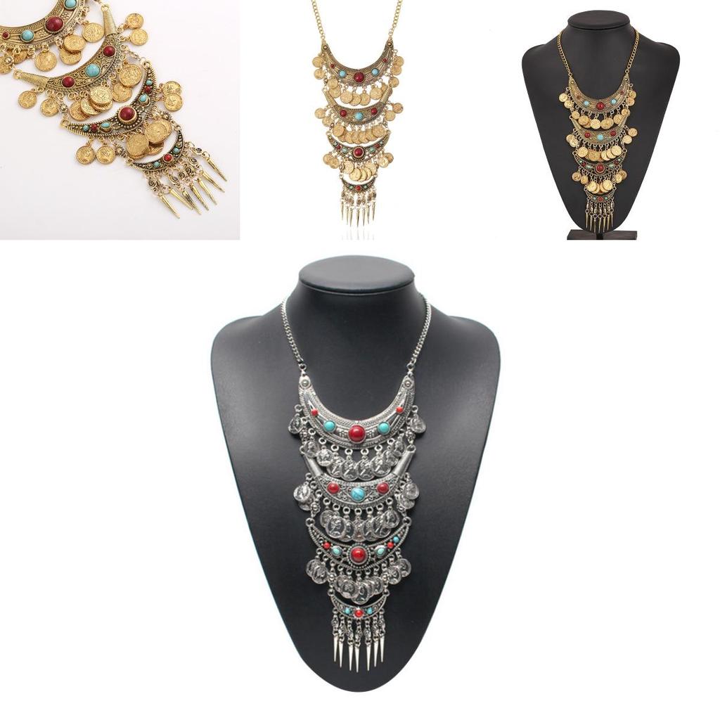 Vintage Coin Tassel Pendant Necklace With Multilayer Chain For Boho Style Women