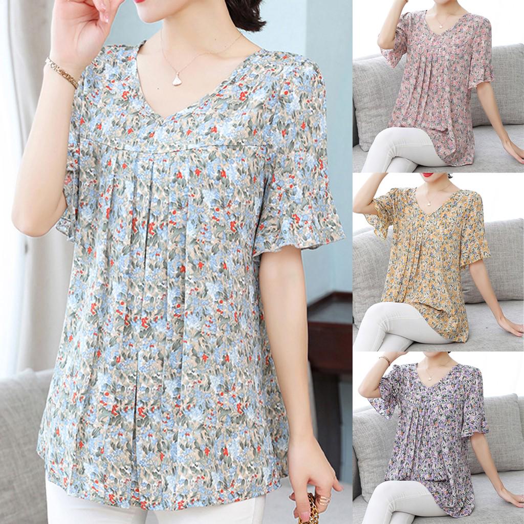 

Плюс размер Леди Модный женский топ шифоновый принт с коротким рукавом Повседневная рубашка Блузка