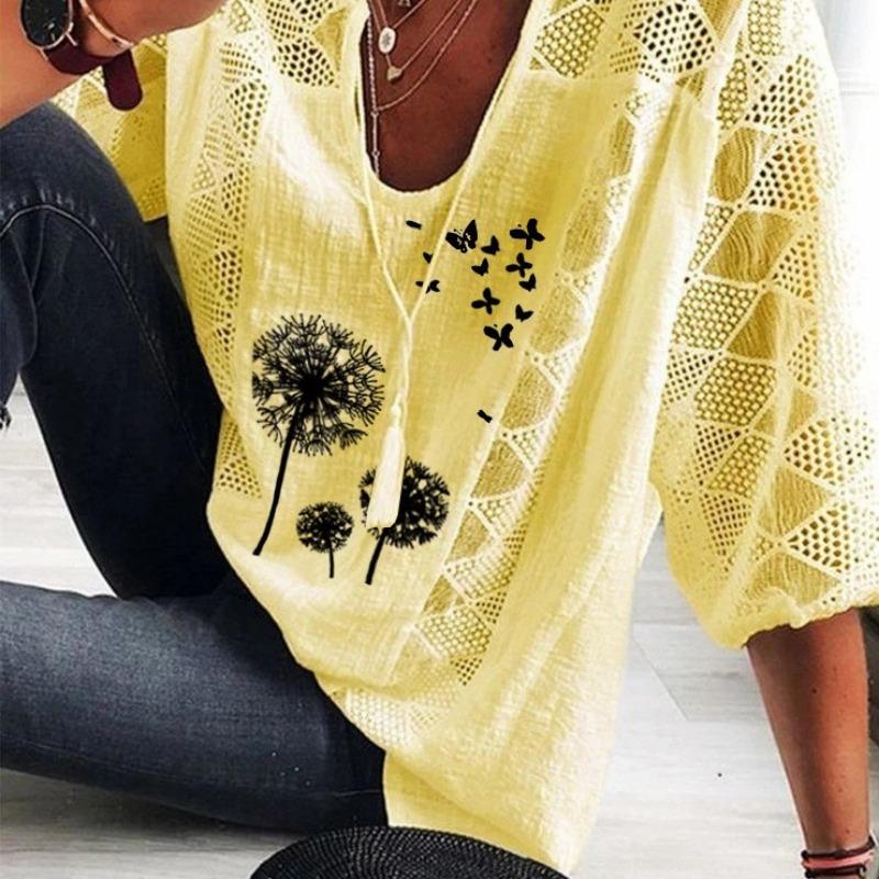 Sommer Lose Gedruckt Patchwork Plus Größe Shirt Frauen U-ausschnitt Halbe Hülse Aushöhlen Spitze Bluse Frauen Elegante Mode Vintage Dame shirts Tops 24550