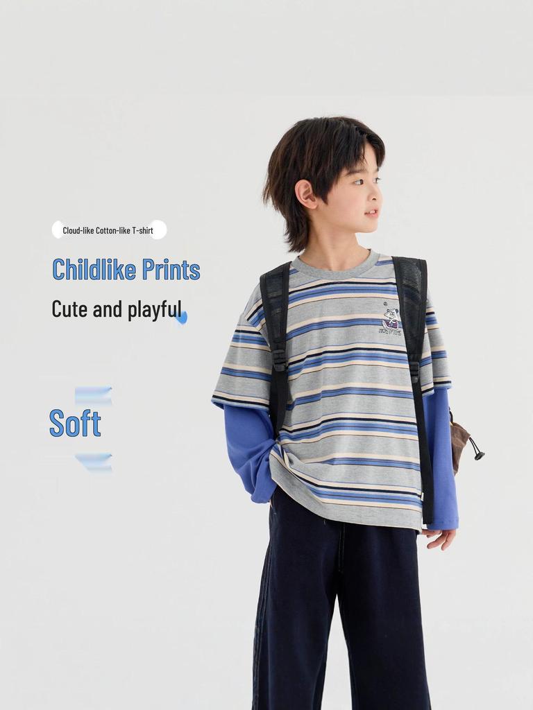 Boys' Trendy Striped Long-Sleeve Faux Two-Piece T-Shirt - 2026 Autumn Style