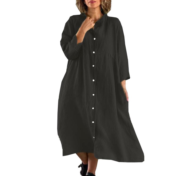 Women's Clothing Loose Cotton Linen Dresses Solid Color Casual Stand Collar Button Up Long Shirt Dress