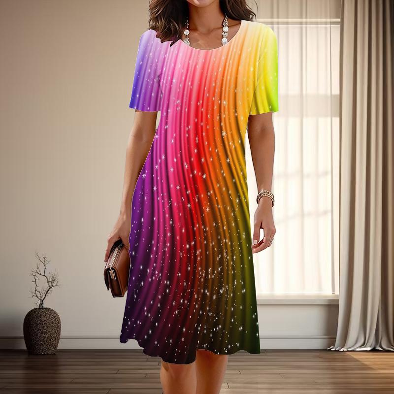 Women's Fashion Graceful Colorful Patterns Print Summer Spring Short Sleeve O-Neck Casual Dresses