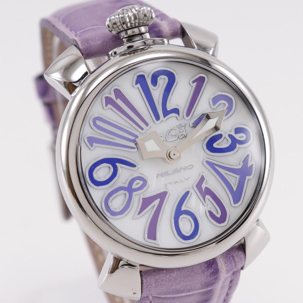 Gaga Milano Manure 40 Watches Silver/purple White shellDial Stainless Steel/Embossed Leather Quartz Analog display mens Used