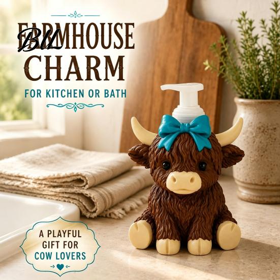 Pink Bow Cattle Soap Dispenser Highland Cow Dispenser, Refillable Hand Animal Bottle, Plastic Empty Pump Bottle for Bathroom, Housewarming Gift
