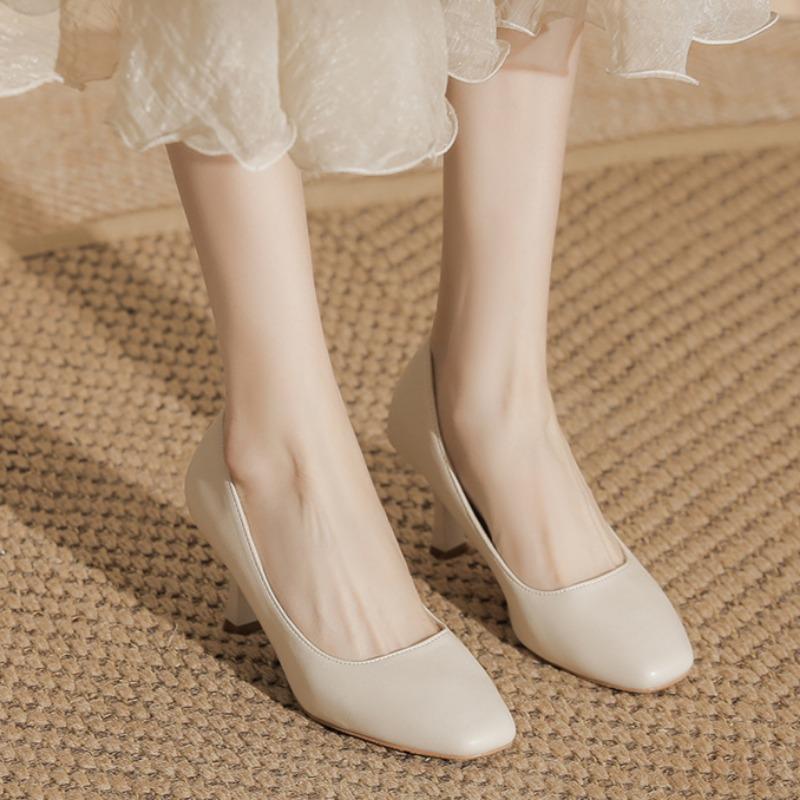 French High Heels Elegant Soft Leather Shoes Thin Heels That Don't Tire Your Feet Single Shoes with Shallow Square Toes All-match Commuter Shoes