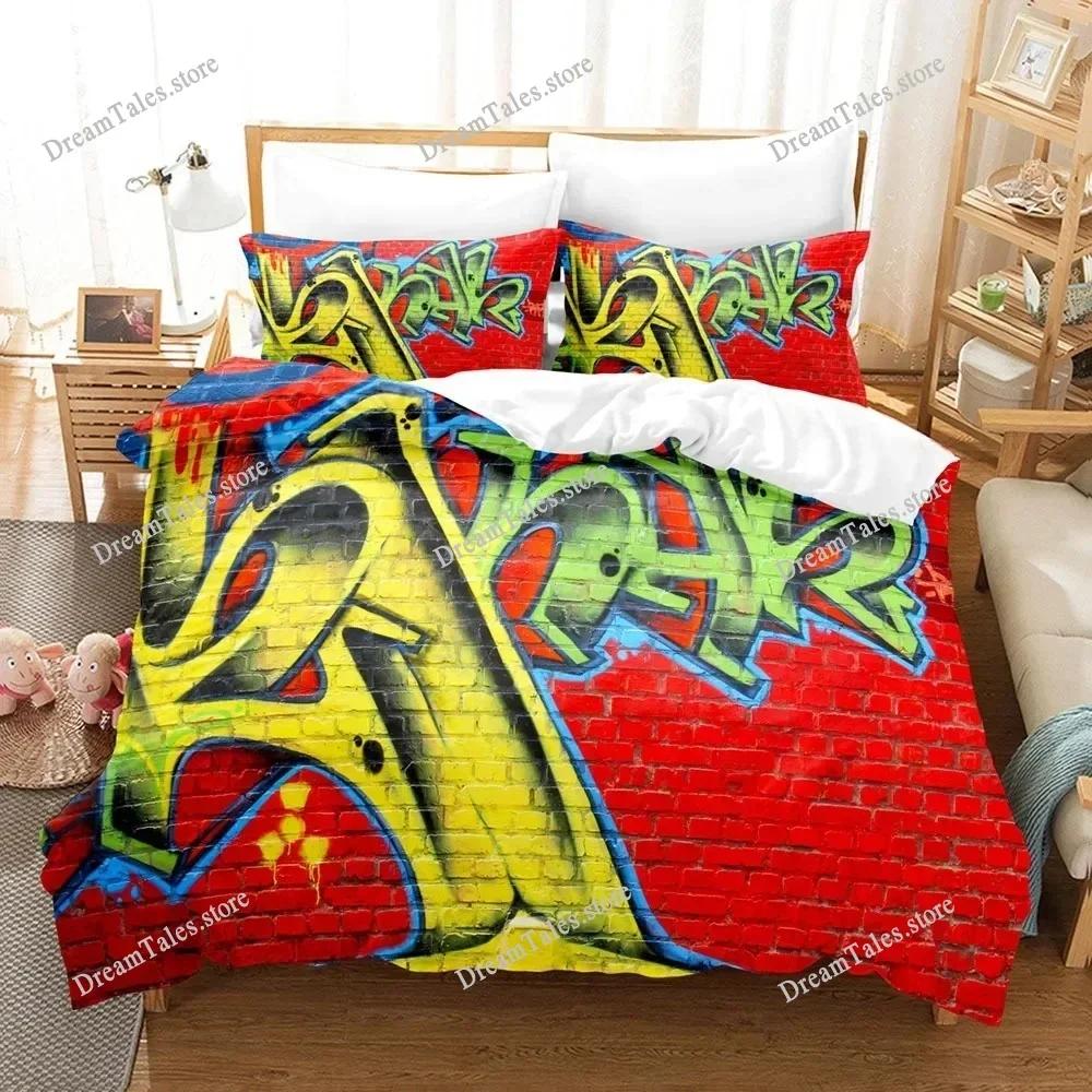 Graffiti Duvet Cover Set Teen Style Pattern Bedding Street Culture Decor Set King Queen Size Hip Hop Polyester Comforter Cover74