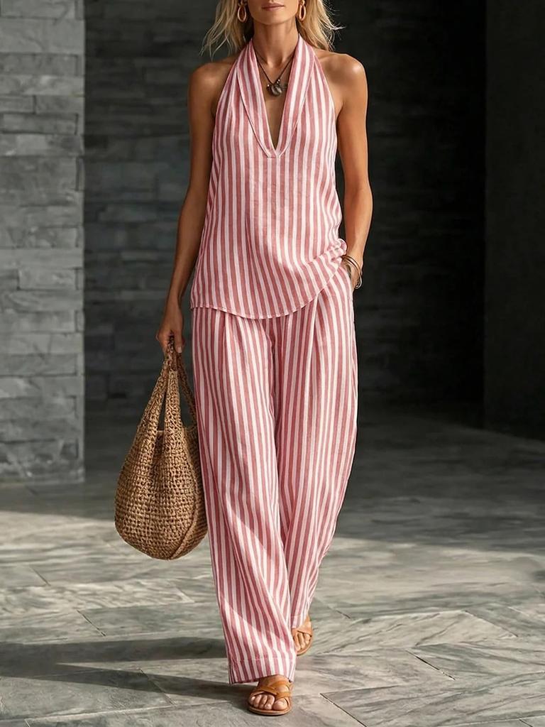 Women Striped Halter Neck Sleeveless Jumpsuit Wide Leg Pants with Pocket