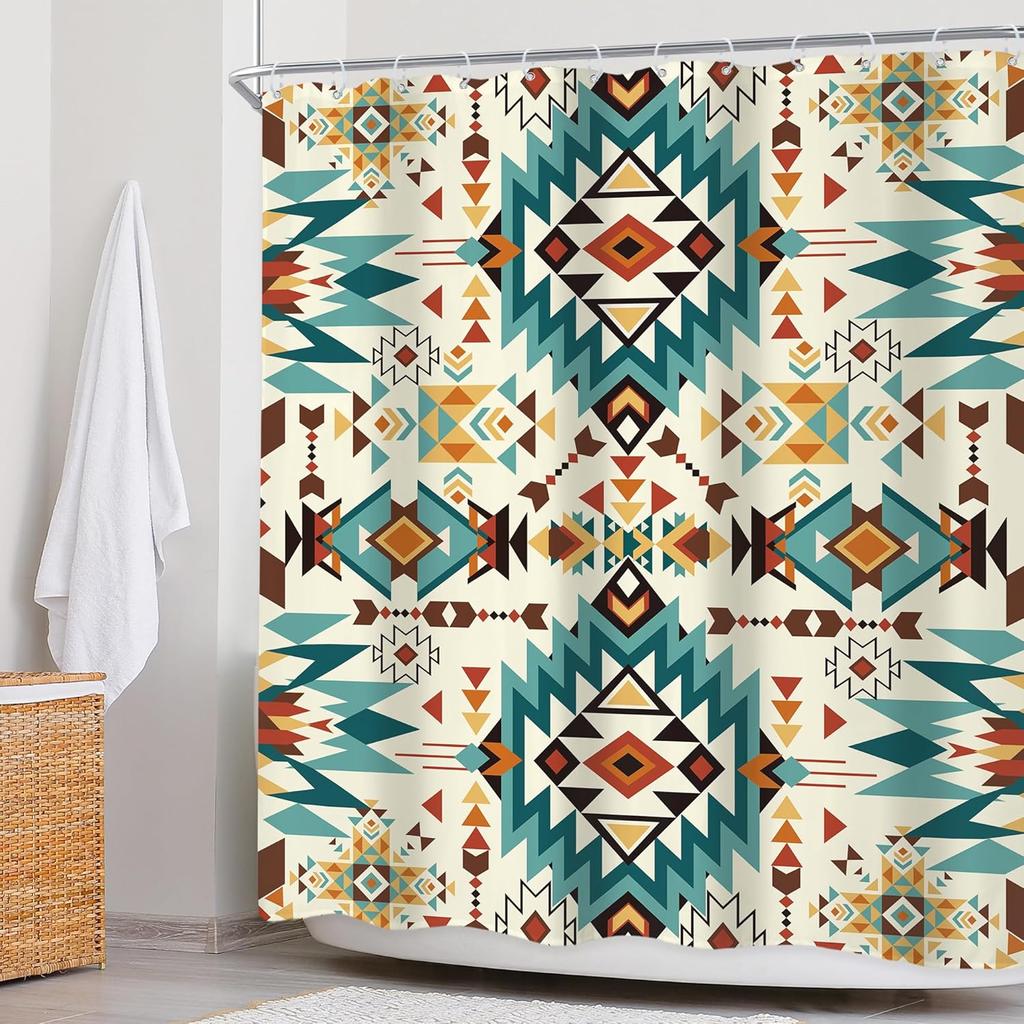 Western Aztec Shower Curtain Abstract Vintage Boho Retro Geometric Tribal Ethnic Native Bathroom Set American Southwestern
