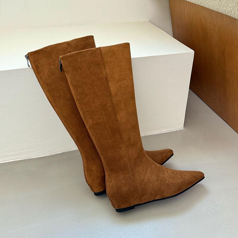 Fashion Fashion Flock Women Knee High Boots With Height Increasing Shoes Female Pointed Toe Footwear Ladies Long Boots Zippers Shoes new