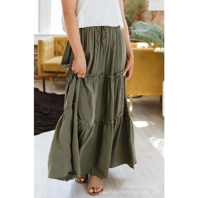 Spring and Summer Rubber Band High Waist Human Cotton Solid Color Su Pleated Splicing Simple Versatile Women's Skirt