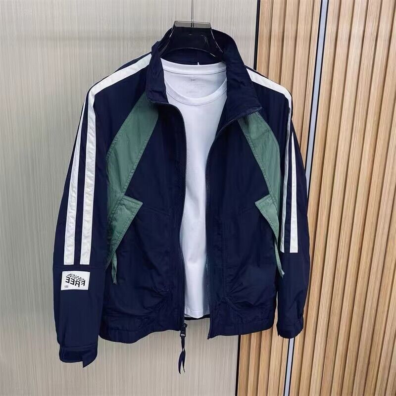 New Fashion Brand Striped Spliced Contrasting Cardigan Stand Collar Jacket