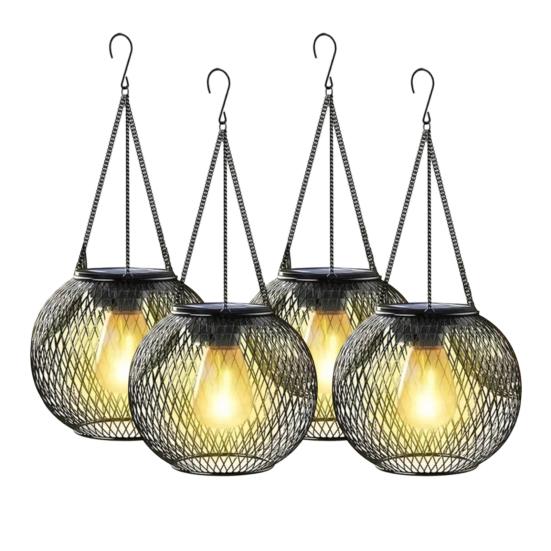 1/2/4Pcs Solar Lantern Outdoor Metal Mesh Shell Solar Powered Hanging Lantern with Hook And Base Garden Patio Porch Decor