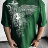 Gothic Angel Print T-Shirt - Gothic Angel Short Sleeve Round Neck Casual Summer Top, Solid Color Base Suitable for Daily Wear & Layering