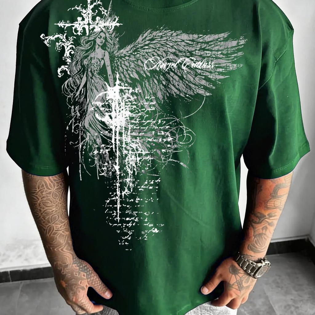 Gothic Angel Print T-Shirt - Gothic Angel Short Sleeve Round Neck Casual Summer Top, Solid Color Base Suitable for Daily Wear & Layering
