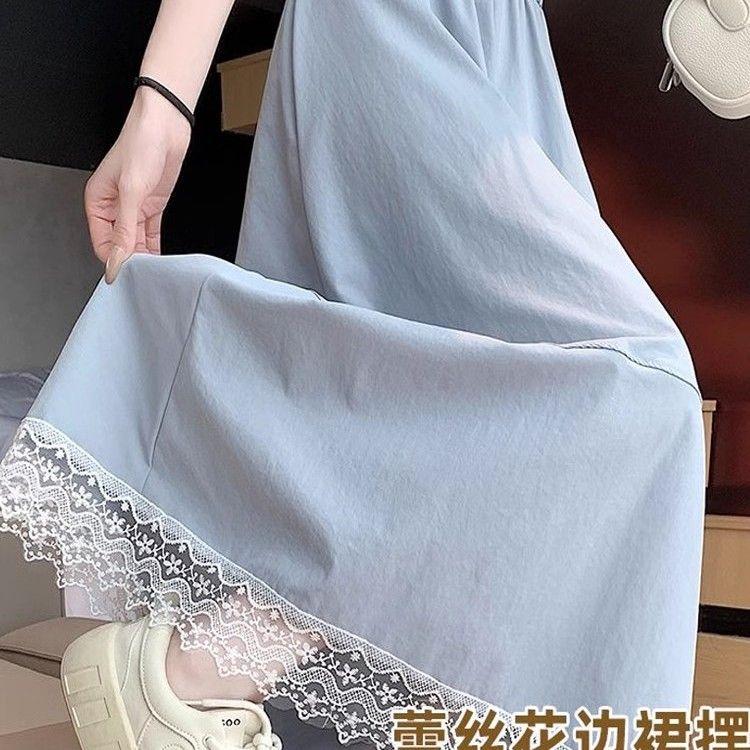 

Женская винтажная юбка миди А-силуэта с высокой талией и кружевной отделкой - Летняя корейская богемная расклешенная юбка-зонт с художественным колоритом S серо голубой